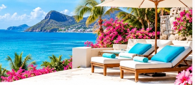 Luxury tropical resort overlooking turquoise water